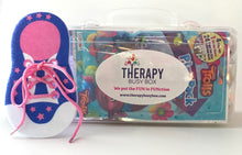 Load image into Gallery viewer, Therapy Busy Box pictured with purple and pink shoe lace activity