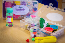 Load image into Gallery viewer, Therapy Busy Box for children opened to show tweezers, sewing activity, play-doh and more fine motor skill activities
