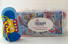 Load image into Gallery viewer, Therapy Busy Box pictured with blue shoe lace activity
