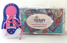 Load image into Gallery viewer, Therapy Busy Box pictured with purple and pink shoe lace activity
