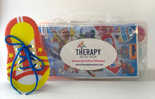 Load image into Gallery viewer, Therapy Busy Box pictured with yellow and orange shoe lace activity
