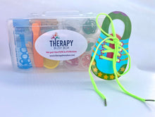 Load image into Gallery viewer, Therapy Busy Box pictured with blue and green shoe lace activity
